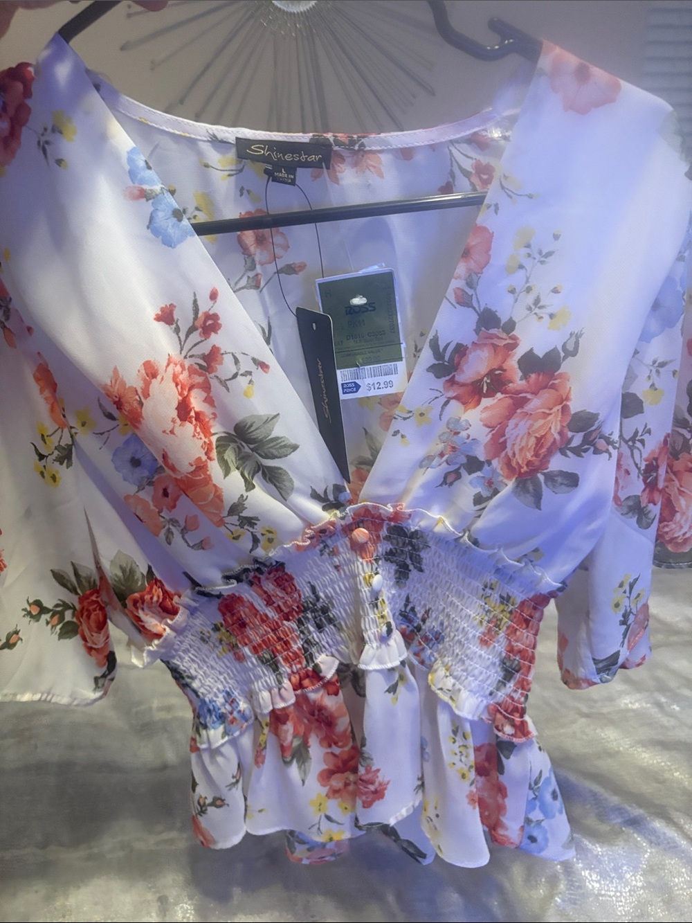 Shinestar White Floral Smocked Peplum Blouse with V-Neck